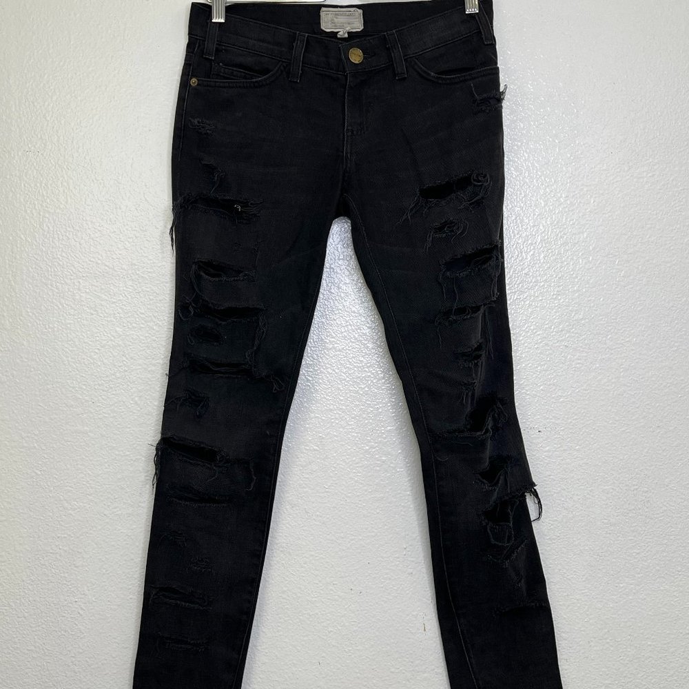 Current/Elliott Stiletto in‎ Jet Black Destroy Stretch Skinny Jeans 26
